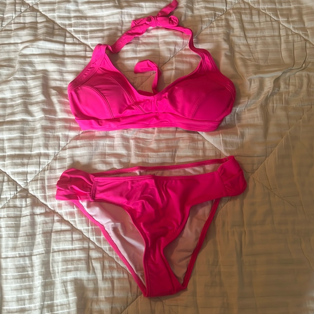 Hot pink two piece bikini.